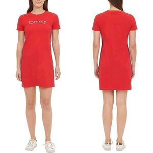 TOMMY HILFIGER LOGO SIDE STRIPE RED COTTON BLEND SHORT SLEEVE TEE SHEATH DRESS